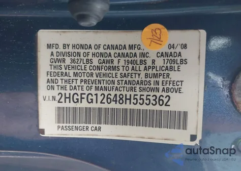 2008 Honda Civic Lx from USA, damaged, VIN 2HGFG12648H555362